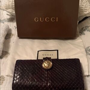 Gucci Dark Purple Python Continental Wallet with Gold Medallion